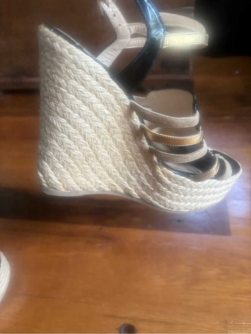 Yves Saint Laurent Black and Beige Espadrille Wedge Sandals